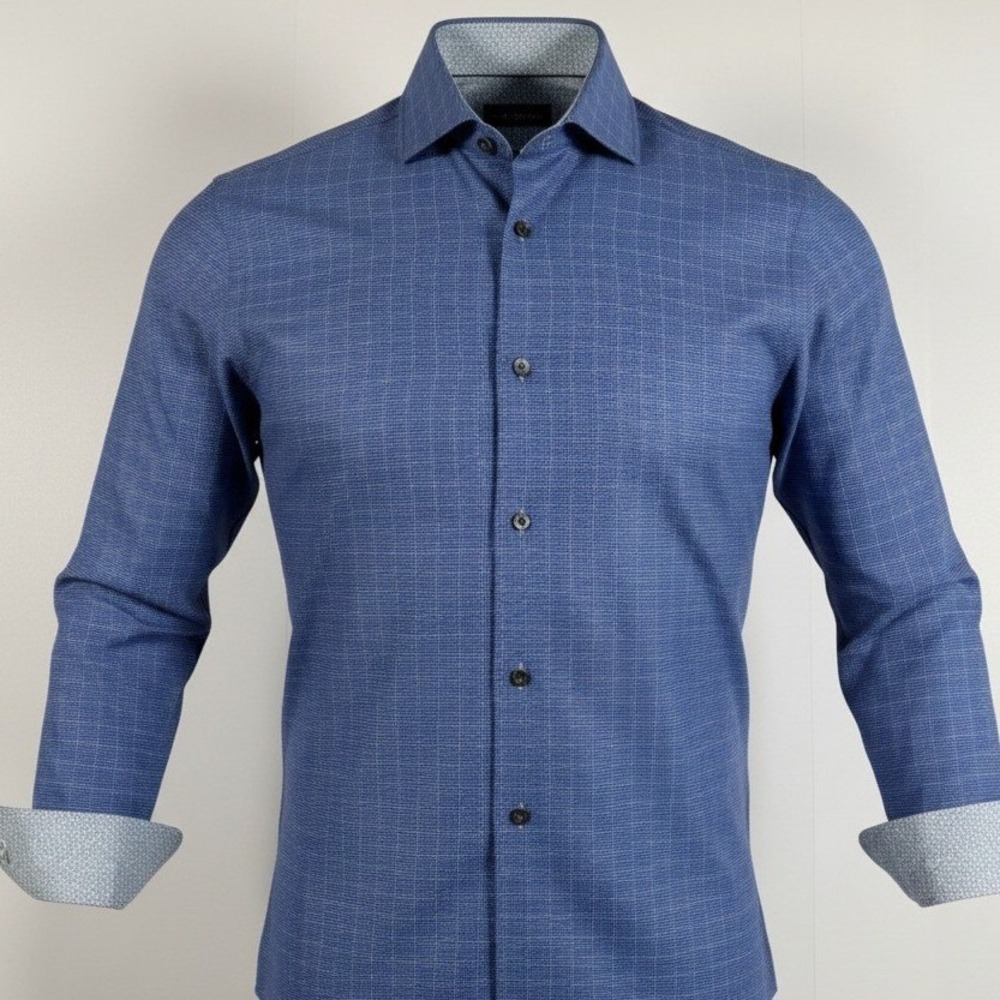 Bugatchi Dress Shirt Men 15 32/33 Blue Micro-Check Contrast Cuff Cotton Long Slv